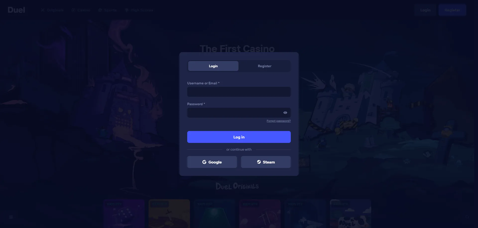Inicio de sesión en Duel Casino desde móvil y escritorio